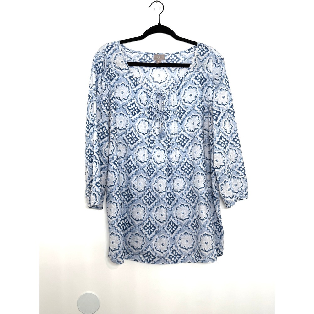 J. Jill XL Blue White Medallion Print Cotton Boho Tunic Tassel Tie